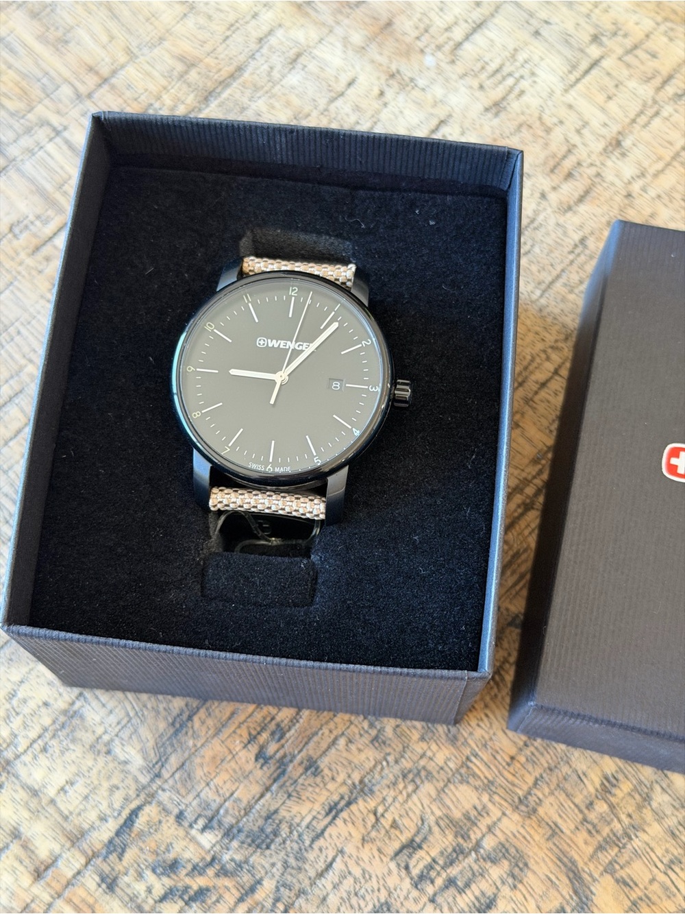 New in Box Wenger Black Dial Swiss Made Watch with Beige Strap - Picture 8 of 9